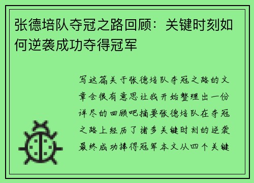 张德培队夺冠之路回顾：关键时刻如何逆袭成功夺得冠军